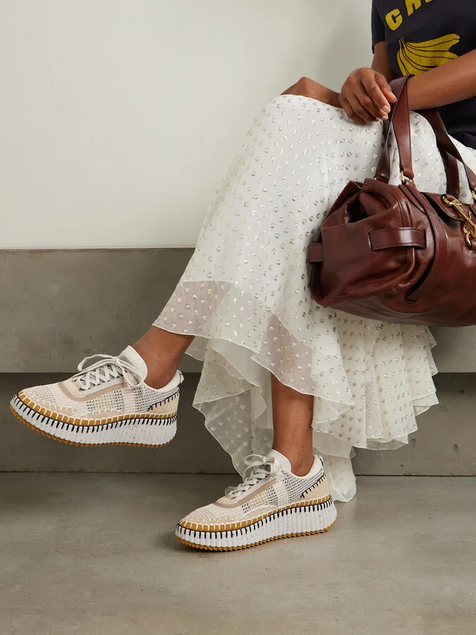 Chloé - Nama Embroidered Suede And Recycled-mesh Sneakers - Neutrals - Image 2