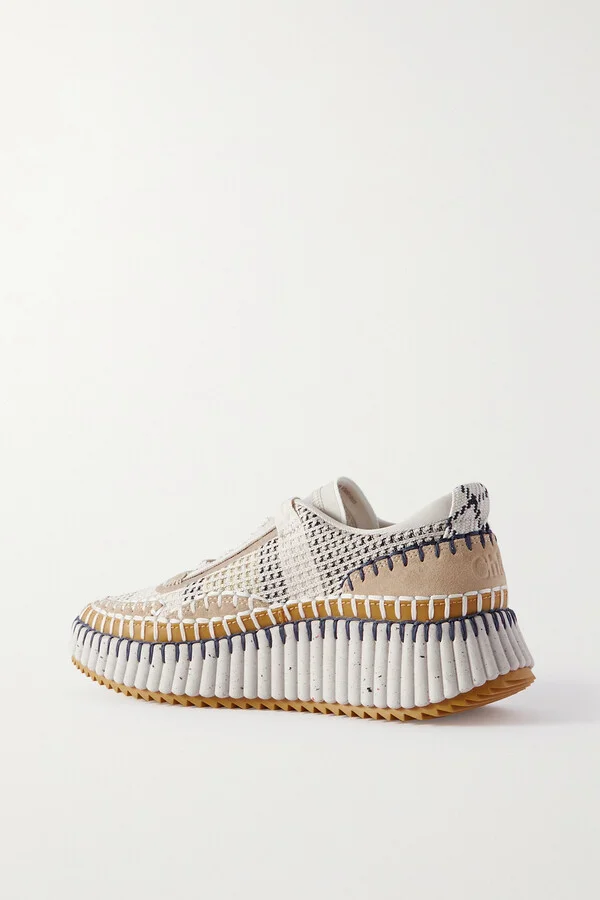 Chloé - Nama Embroidered Suede And Recycled-mesh Sneakers - Neutrals - Image 3