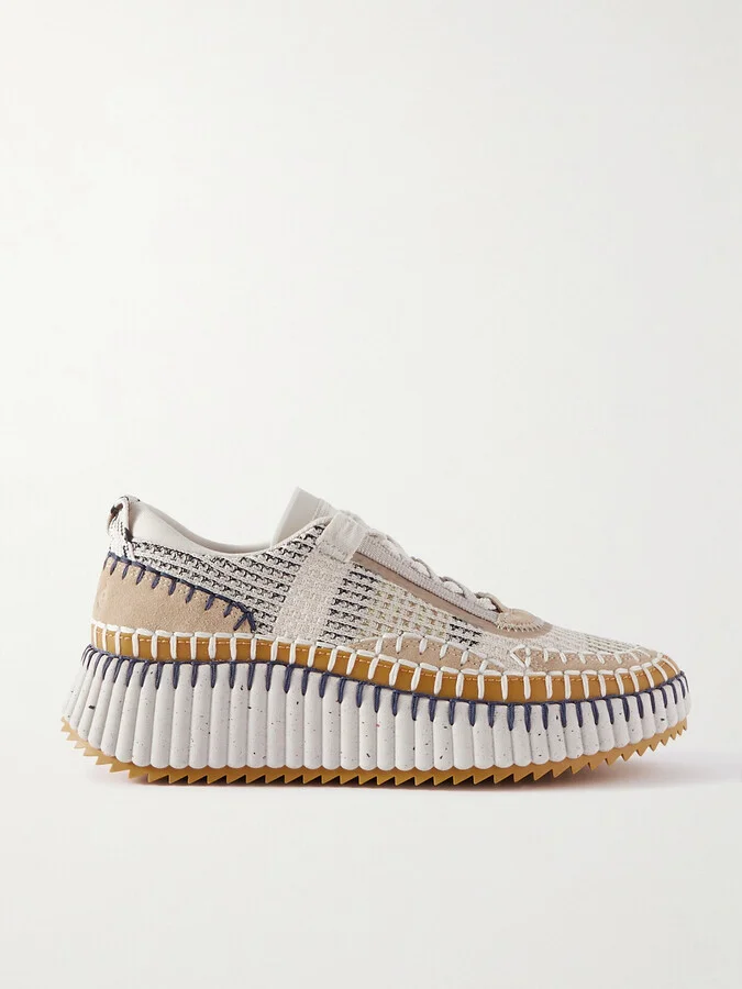 Chloé - Nama Embroidered Suede And Recycled-mesh Sneakers - Neutrals