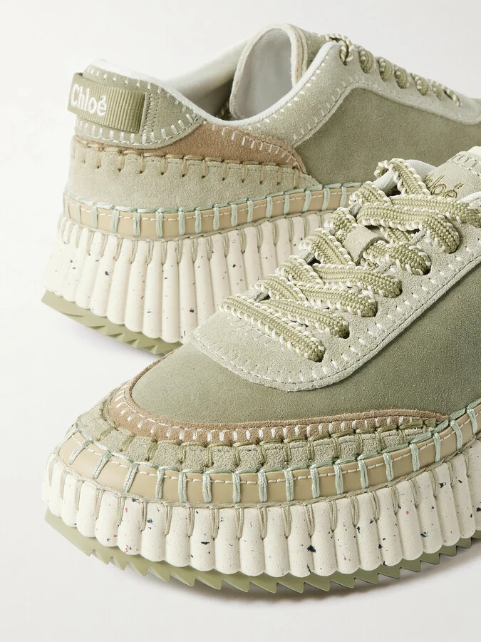 Chloé - Nama Embroidered Suede Sneakers - Green - Image 4