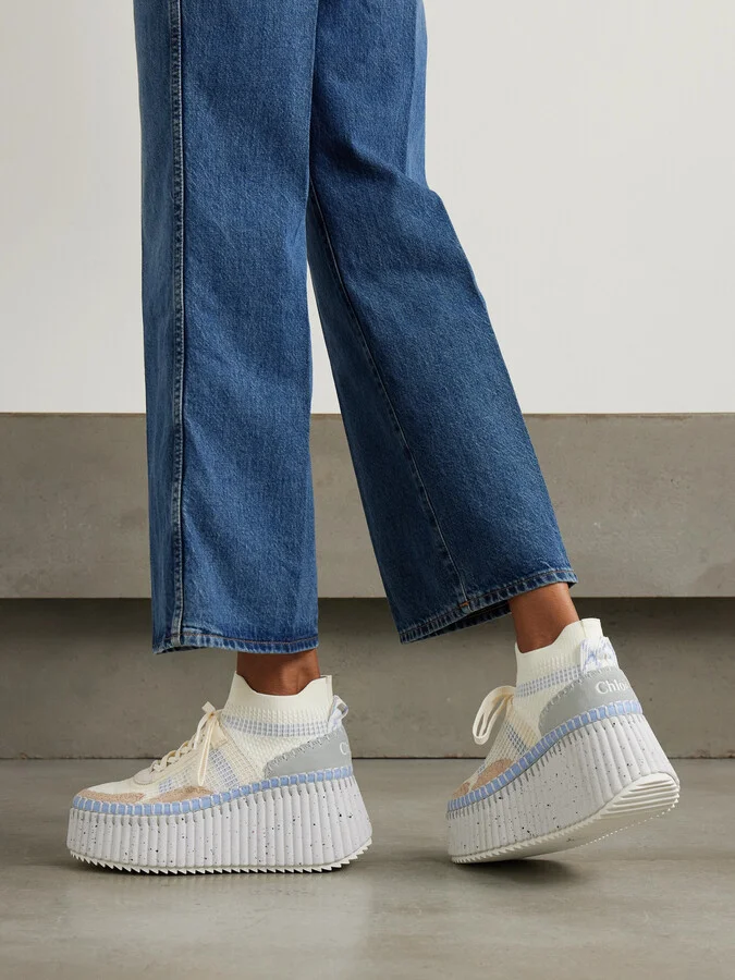 Chloé - Nama Leather-trimmed Embroidered Suede And Mesh Platform Sneakers - White - Image 2