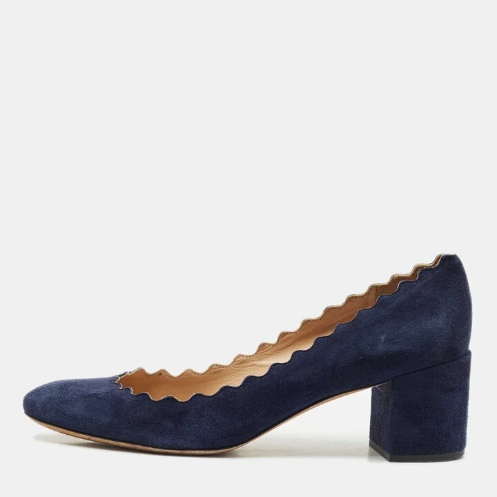 Chloe Navy Blue Scalloped Suede Lauren Pumps Size 38.5