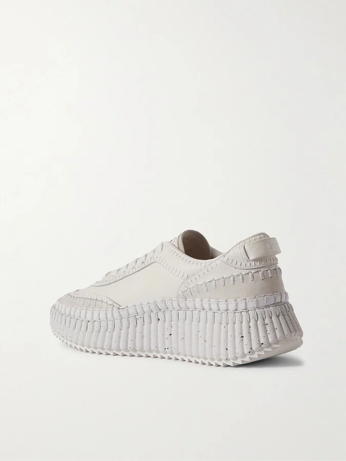 Chloé - + Net Sustain Nama Embroidered Suede-trimmed Leather Sneakers - White - Image 3