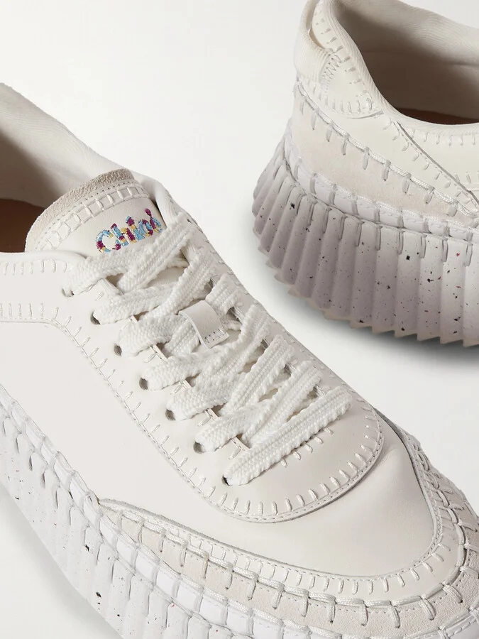 Chloé - + Net Sustain Nama Embroidered Suede-trimmed Leather Sneakers - White - Image 4