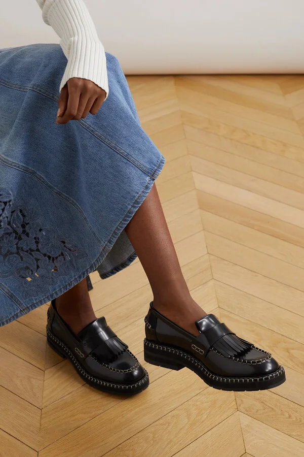 Chloé - Noua Fringed Whipstitched Leather Loafers - Black - Image 2