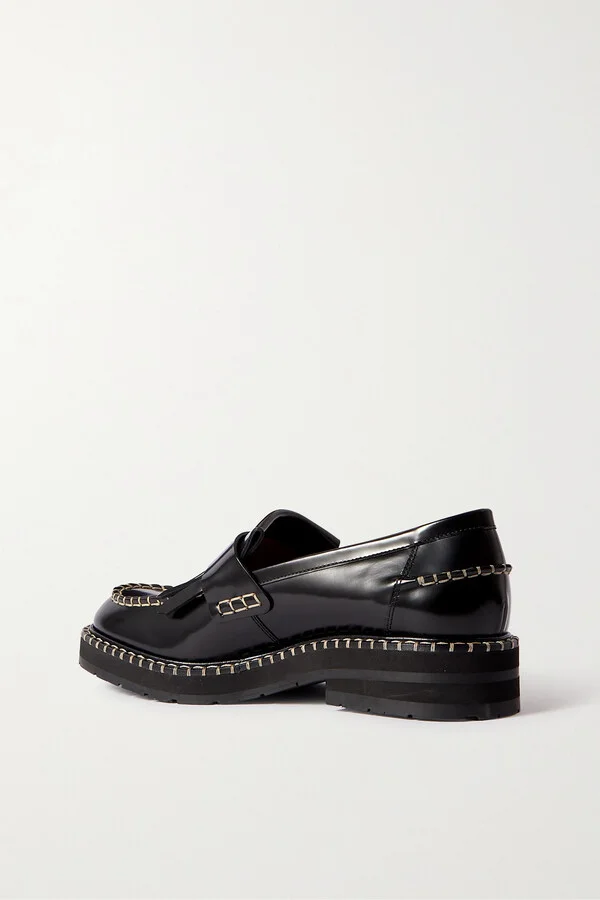 Chloé - Noua Fringed Whipstitched Leather Loafers - Black - Image 3