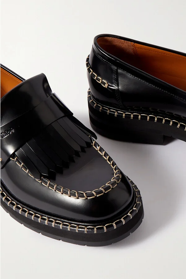 Chloé - Noua Fringed Whipstitched Leather Loafers - Black - Image 4