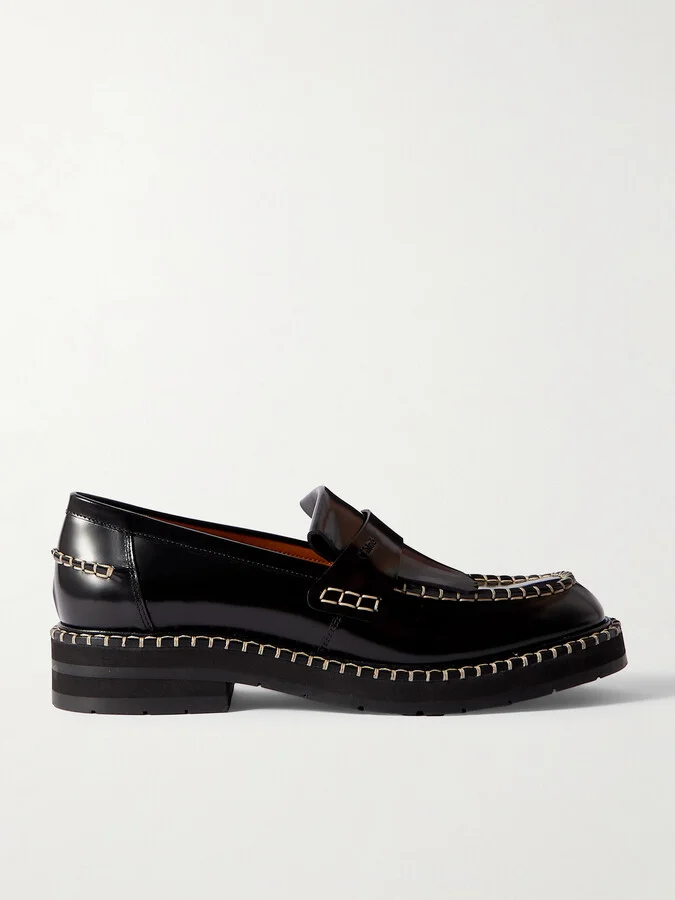 Chloé - Noua Fringed Whipstitched Leather Loafers - Black
