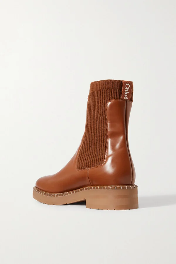 Chloé - Noua Glossed-leather And Ribbed-knit Chelsea Boots - Brown - Image 3