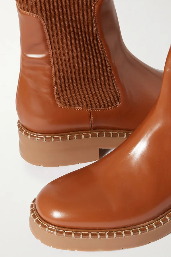 Chloé - Noua Glossed-leather And Ribbed-knit Chelsea Boots - Brown - Image 4