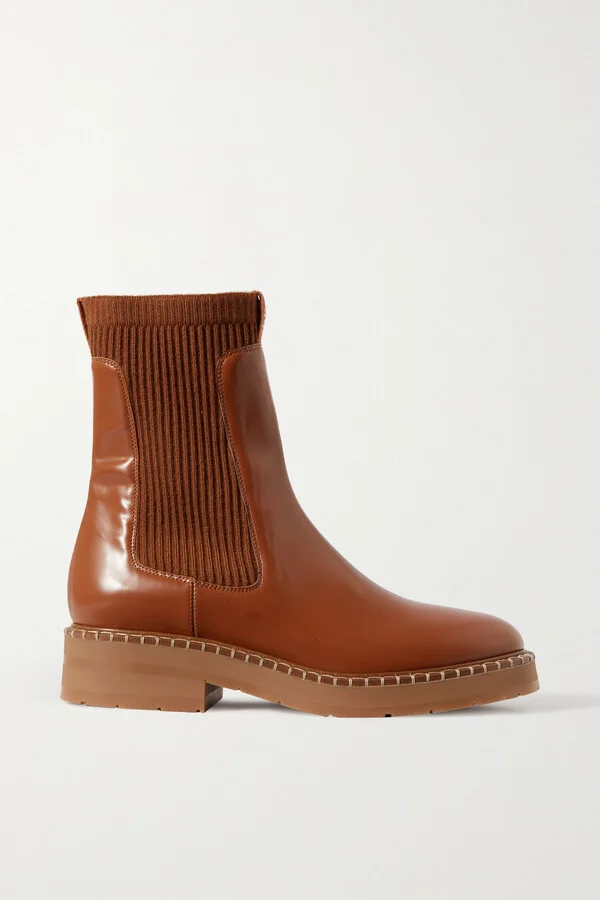 Chloé - Noua Glossed-leather And Ribbed-knit Chelsea Boots - Brown