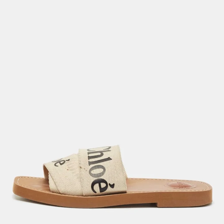 Chloe Off White Canvas Logo Ribbon Woody Flat Slide Sandals Size 37