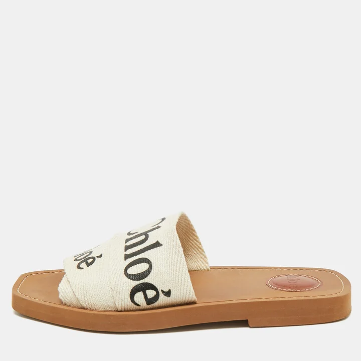 Chloe Off White Logo Print Canvas Woody Flat Slides Size 37