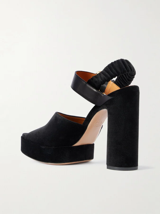 Chloé - Paddington Leather-trimmed Velvet Platform Sandals - Black - Image 3