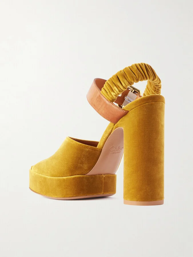Chloé - Paddington Leather-trimmed Velvet Platform Sandals - Yellow - Image 3
