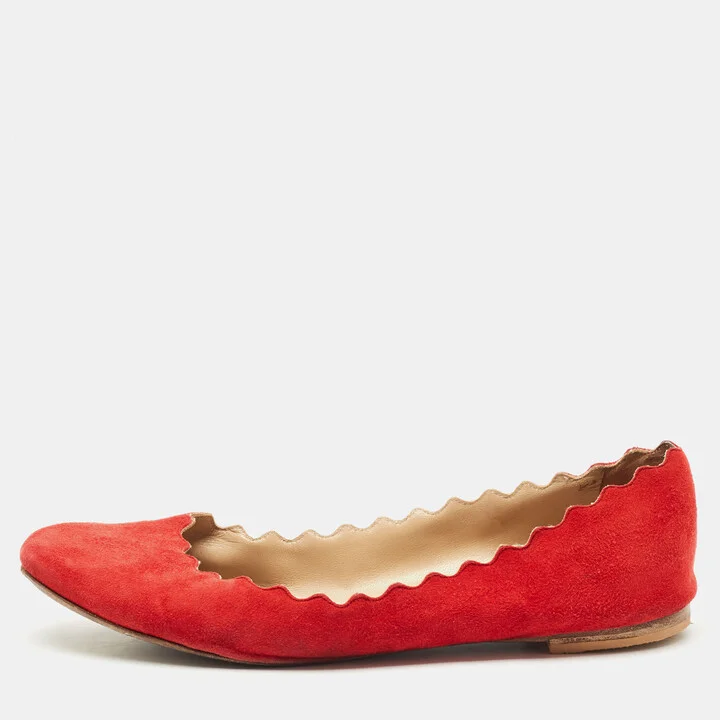 Chloe Red Suede Lauren Scalloped Ballet Flats Size 37.5