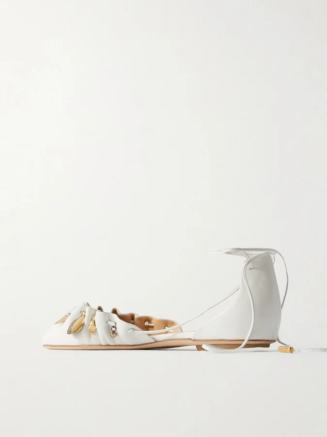 Chloé - Sea Treasures Embellished Gathered Leather Ballet Flats - White - Image 3