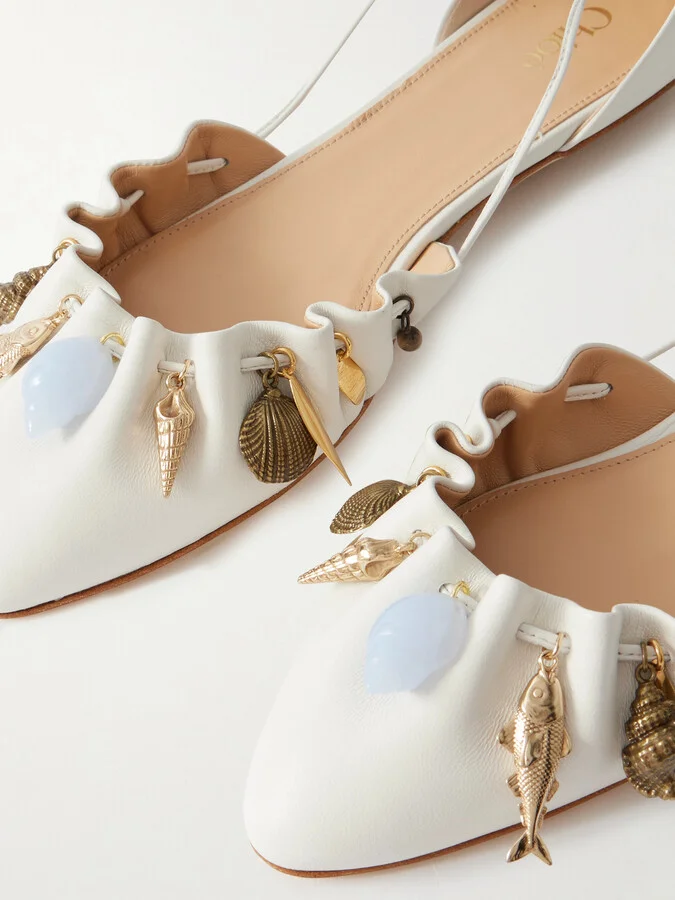 Chloé - Sea Treasures Embellished Gathered Leather Ballet Flats - White - Image 4