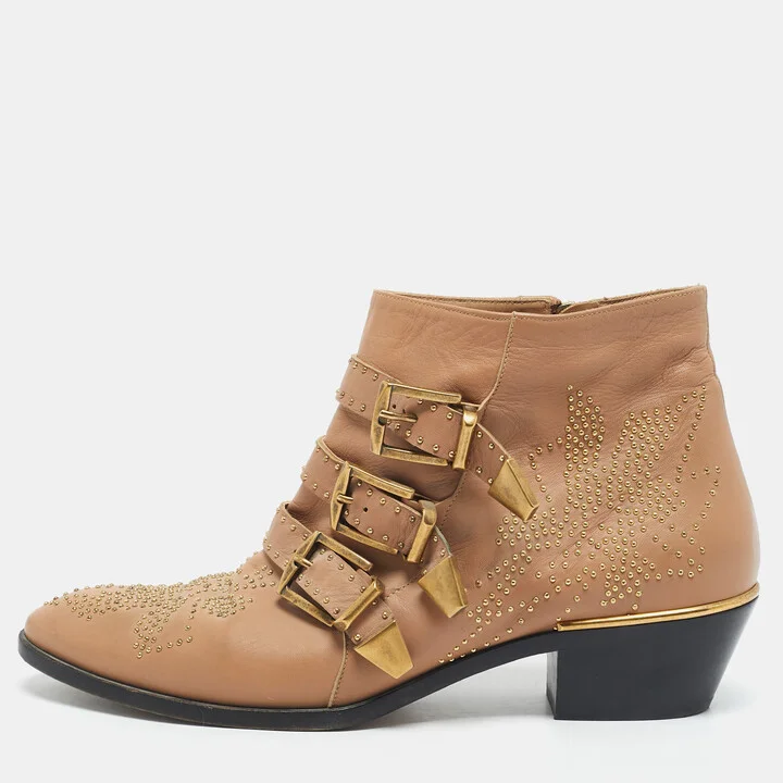 Chloe Tan Leather Studded Suzanna Ankle Boots Size 40