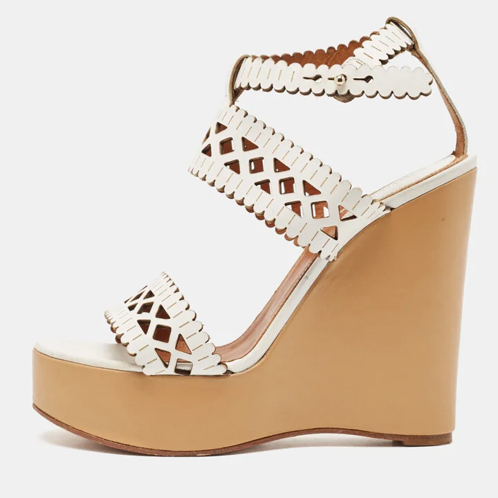 Chloe White Cut Out Leather Platform Wedge Sandals Size 39