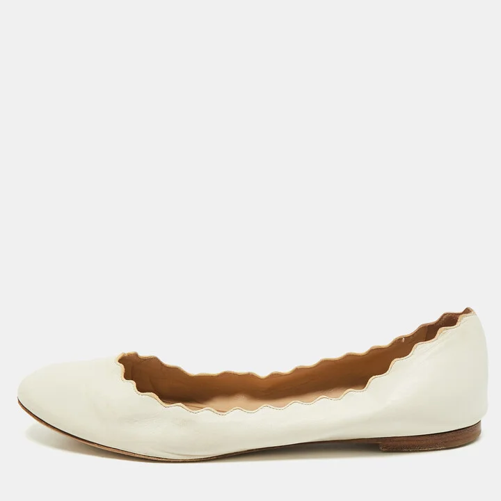 Chloe White Leather Lauren Scalloped Ballet Flats Size 38