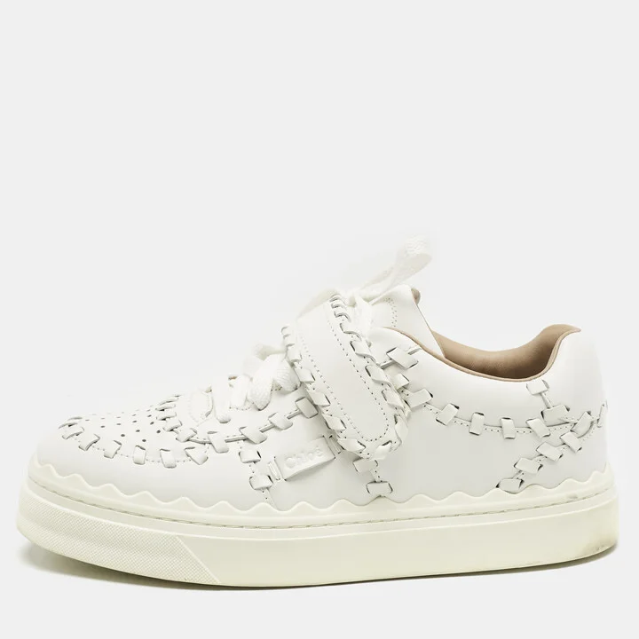 Chloé White Leather Whipstitch Trim Sneakers Size 37