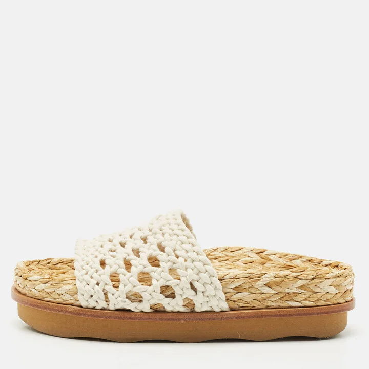 Chloe White Woven Crochet Wavy Flat Slides Size 37