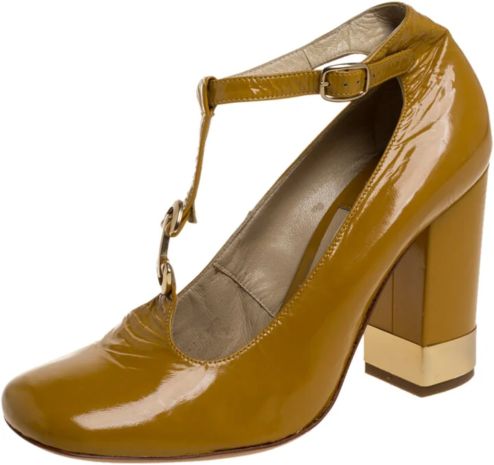 Chloe Yellow Leather T Strap Square Toe Pumps Size 37