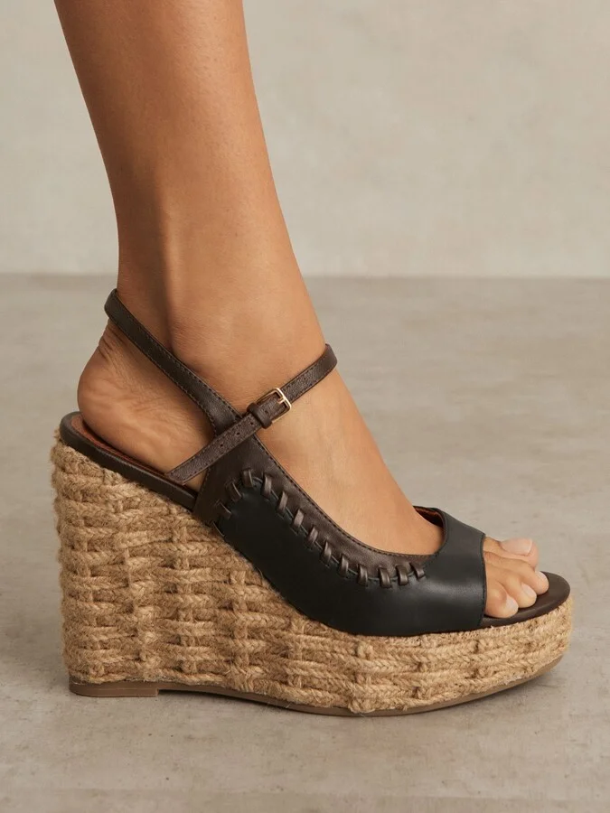Chocolate/black Leather Whipstitch Wedge Sandals - Image 2