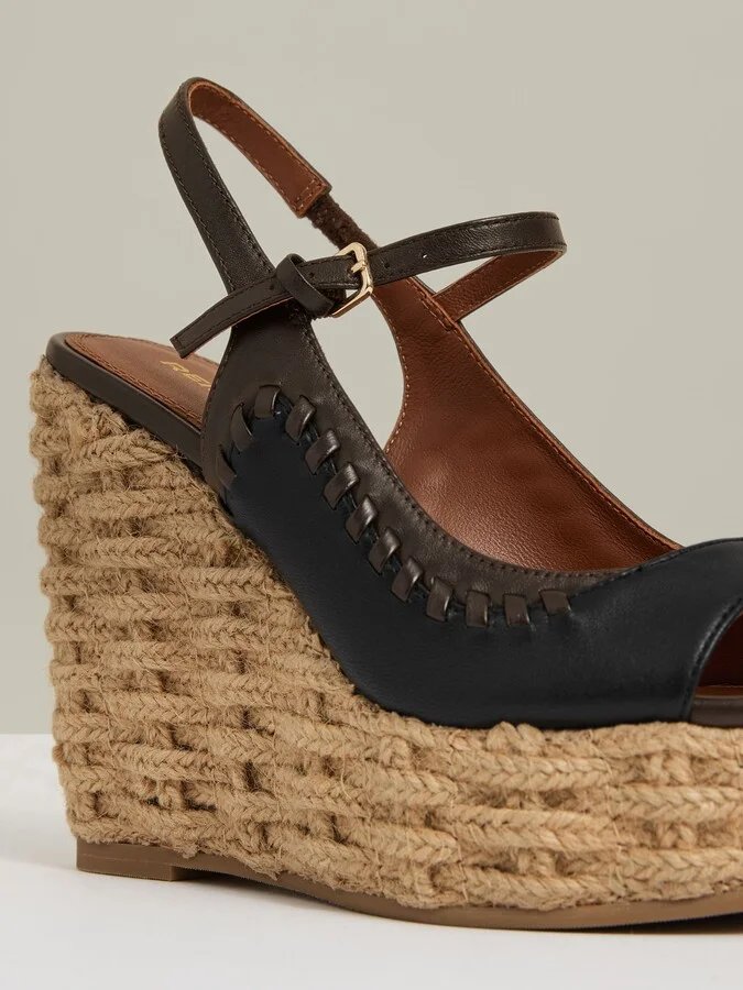 Chocolate/black Leather Whipstitch Wedge Sandals - Image 5