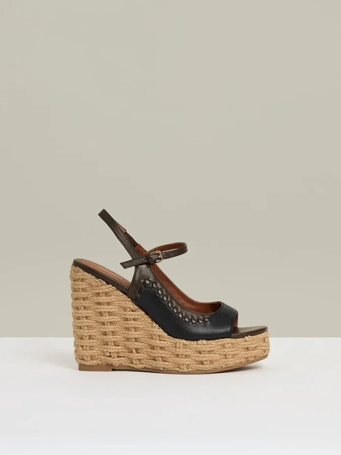 Chocolate/black Leather Whipstitch Wedge Sandals