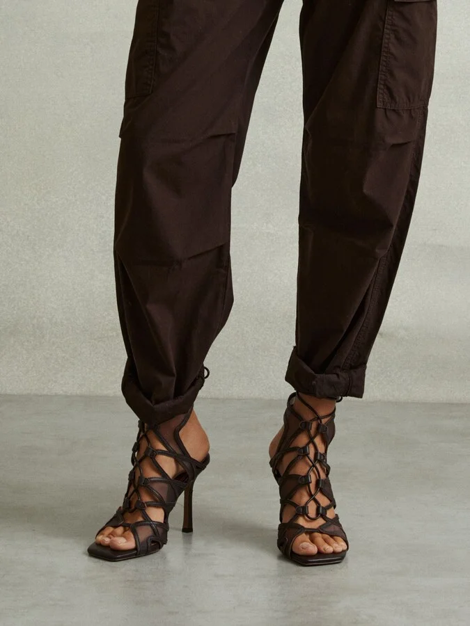 Chocolate Mesh Leather Strappy Heels - Image 2