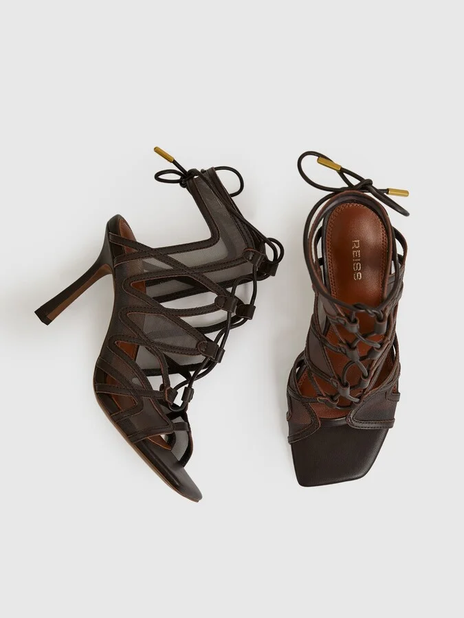 Chocolate Mesh Leather Strappy Heels - Image 3