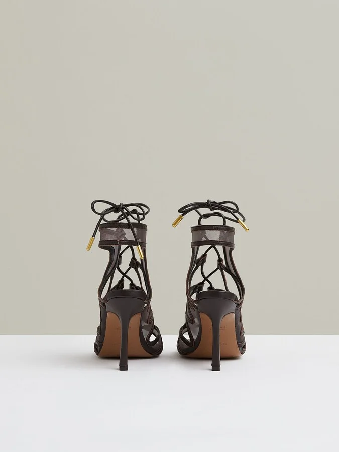 Chocolate Mesh Leather Strappy Heels - Image 5