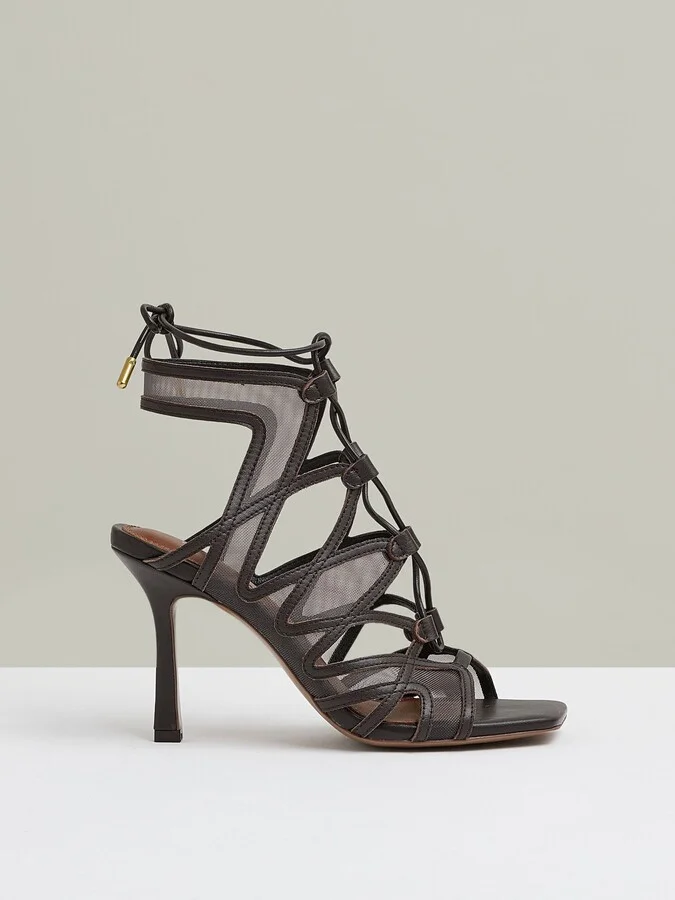 Chocolate Mesh Leather Strappy Heels
