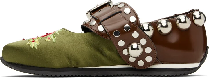 Chopova Lowena Green & Brown Spur Strap Mary Jane Ballerina Flats - Image 3