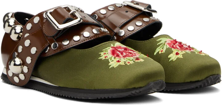 Chopova Lowena Green & Brown Spur Strap Mary Jane Ballerina Flats - Image 4