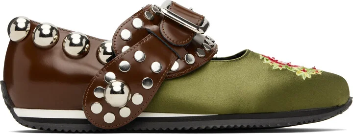 Chopova Lowena Green & Brown Spur Strap Mary Jane Ballerina Flats