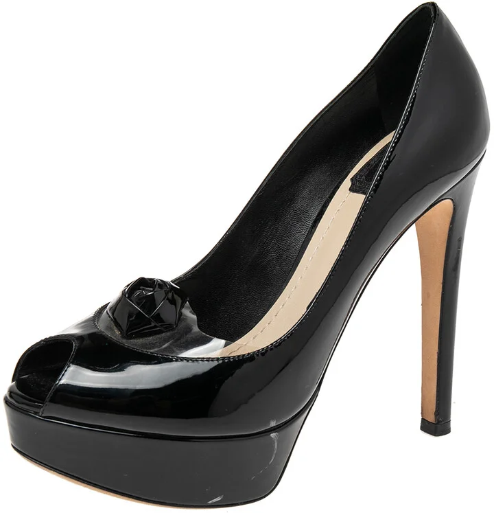 Christian Dior Black Patent Leather And PVC Peep Toe Platform Pumps Size 37.5
