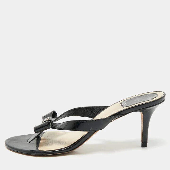 Christian Dior Black Patent Logo Bow Slides Size 41