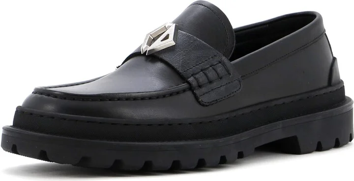 Christian Dior Men's Logo Plaque Loafers Leather with CD Diamond Coated Canvas