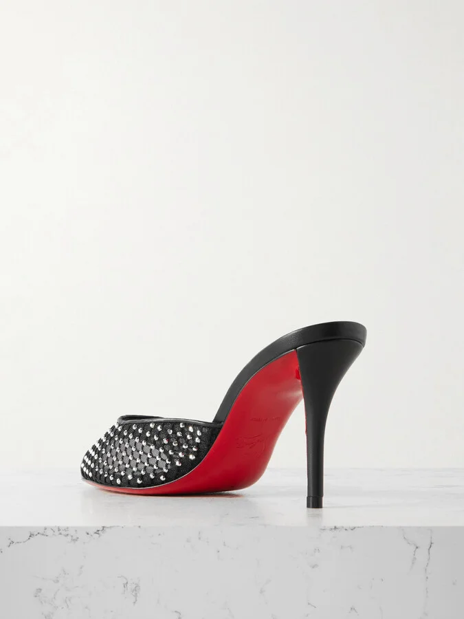Christian Louboutin - Apostropha 80 Crystal-embellished Leather-trimmed Mesh Mules - Black - Image 3