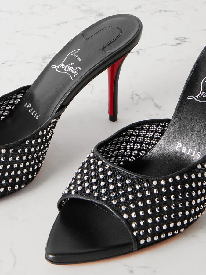Christian Louboutin - Apostropha 80 Crystal-embellished Leather-trimmed Mesh Mules - Black - Image 4