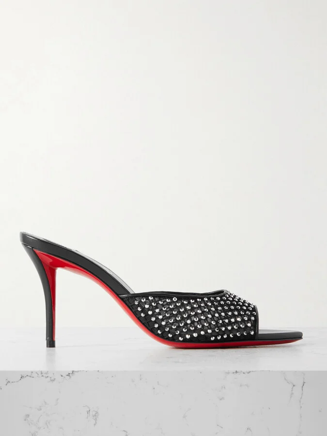 Christian Louboutin - Apostropha 80 Crystal-embellished Leather-trimmed Mesh Mules - Black