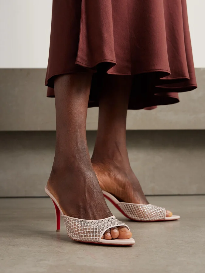 Christian Louboutin - Apostropha 80 Crystal-embellished Leather-trimmed Mesh Mules - Neutrals - Image 2