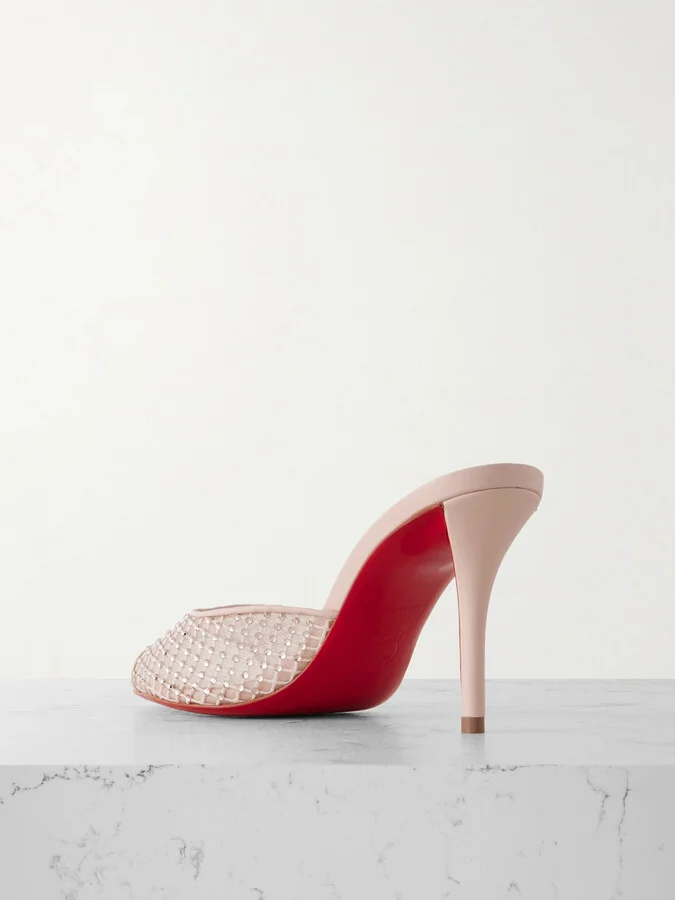 Christian Louboutin - Apostropha 80 Crystal-embellished Leather-trimmed Mesh Mules - Neutrals - Image 3