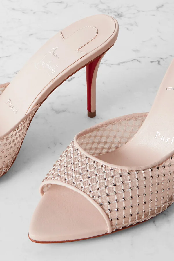 Christian Louboutin - Apostropha 80 Crystal-embellished Leather-trimmed Mesh Mules - Neutrals - Image 4