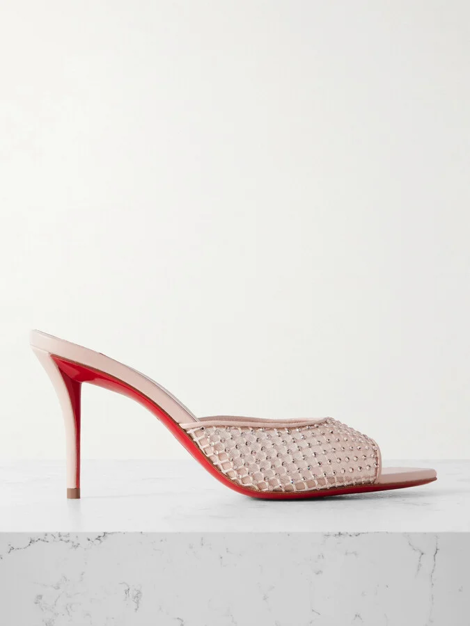 Christian Louboutin - Apostropha 80 Crystal-embellished Leather-trimmed Mesh Mules - Neutrals