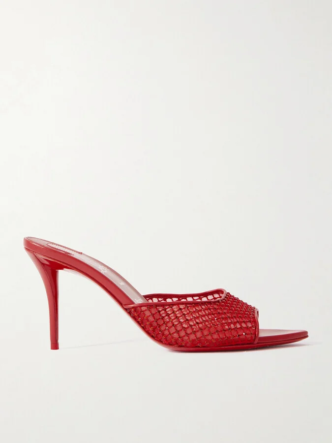 Christian Louboutin - Apostropha 80 Crystal-embellished Leather-trimmed Mesh Mules - Red