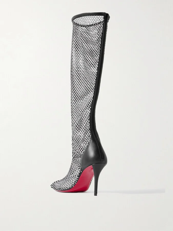 Christian Louboutin - Apostropha 85 Crystal-embellished Leather-trimmed Mesh Knee Boots - Black - Image 3